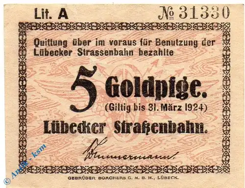 Notgeld Lübeck , Straßenbahn , 5 Gold Pfennig , Müller 3115.1 , Lit A , Schleswig Holstein wertbeständiges Notgeld