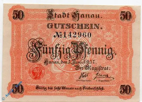 Notgeld Hanau , 50 Pfennig Schein kfr , Tieste 2790.10.16 , von 1917 , Hessen Verkehrsausgabe