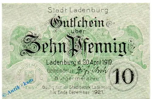 Notgeld Ladenburg , 10 Pfennig Schein in kfr. Tieste 3800.05.05 , von 1919 , Baden Verkehrsausgabe