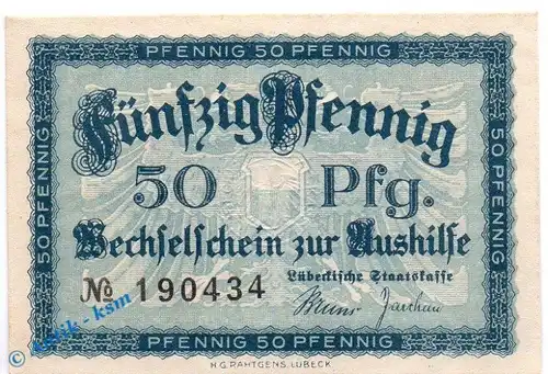 Notgeld Lübeck , 50 Pfennig Schein in kfr. Tieste 4250.20.15 , von 1920 , Schleswig Holstein Verkehrsausgabe
