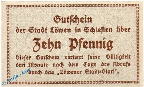 Notgeld Löwen , 10 Pfennig Schein in kfr. Tieste 4200.05.15 , von 1920 , Schlesien Verkehrsausgabe