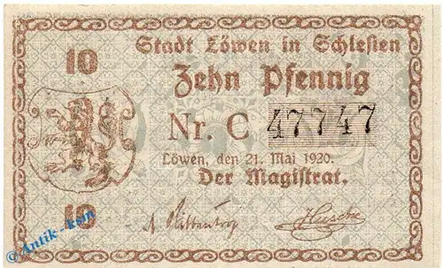 Notgeld Löwen , 10 Pfennig Schein in kfr. Tieste 4200.05.15 , von 1920 , Schlesien Verkehrsausgabe
