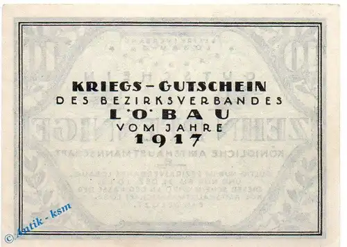 Notgeld Löbau , Amtshauptmannschaft , 10 Pfennig Schein in kfr. Tieste 4175.05.01 , von 1917 , Sachsen Verkehrsausgabe