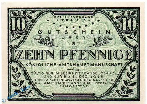 Notgeld Löbau , Amtshauptmannschaft , 10 Pfennig Schein in kfr. Tieste 4175.05.01 , von 1917 , Sachsen Verkehrsausgabe