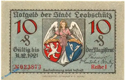Notgeld Leobschütz , 10 Pfennig Schein Reihe I in kfr. Tieste 4020.05.16 , o.D. Schlesien Verkehrsausgabe