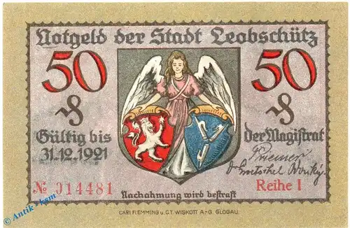 Notgeld Leobschütz , 50 Pfennig Schein Reihe I in kfr. Tieste 4020.05.18 , o.D. Schlesien Verkehrsausgabe