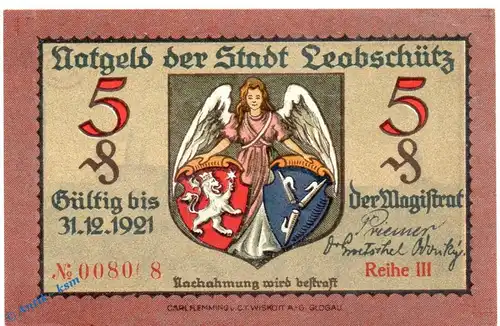 Notgeld Leobschütz , 5 Pfennig Schein Reihe 3 in kfr. Tieste 4020.05.25 , o.D. Schlesien Verkehrsausgabe
