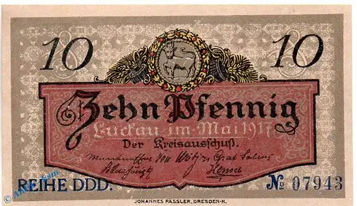 Notgeld Luckau , 10 Pfennig Schein in kfr. Tieste 4225.05.30 , von 1917 , Brandenburg Verkehrsausgabe