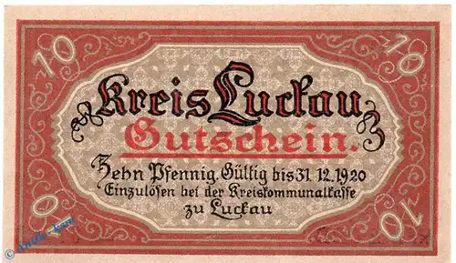 Notgeld Luckau , 10 Pfennig Schein in kfr. Tieste 4225.05.30 , von 1917 , Brandenburg Verkehrsausgabe