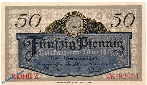 Notgeld Luckau , 50 Pfennig Schein in kfr. Tieste 4225.05.31 , von 1917 , Brandenburg Verkehrsausgabe