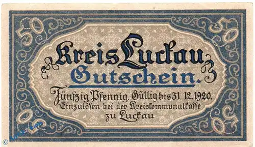 Notgeld Luckau , 50 Pfennig Schein in kfr. Tieste 4225.05.31 , von 1917 , Brandenburg Verkehrsausgabe