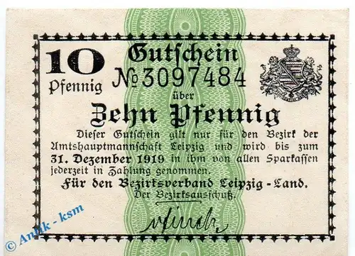 Notgeld Leipzig Land , 10 Pfennig Schein in kfr. Tieste 3990.05.10 , o.D. Sachsen Verkehrsausgabe