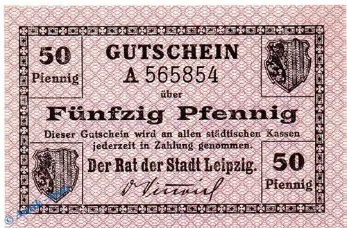 Notgeld Leipzig Stadt , 50 Pfennig Schein in kfr. Tieste 3980.115.05 , o.D. Sachsen Verkehrsausgabe