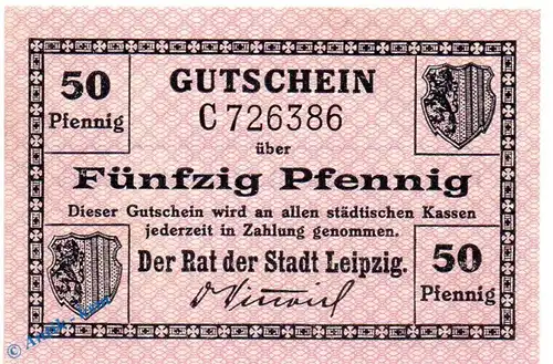 Notgeld Leipzig Stadt , 50 Pfennig Schein in kfr. Tieste 3980.115.15 , o.D. Sachsen Verkehrsausgabe