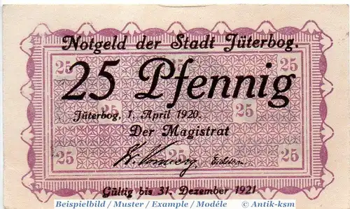 Notgeld Jüterbog , 25 Pfennig Schein in kfr. Tieste 3300.05.16 , von 1920 , Brandenburg Verkehrsausgabe