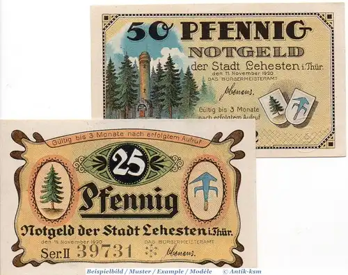 Notgeld Lehesten , Set mit 2 Scheinen in kfr. Tieste 3970.0520-21 , von 1920 , Sachsen Verkehrsausgabe