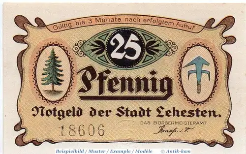 Notgeld Lehesten , 25 Pfennig Schein in kfr. Tieste 3970.05.15 , o.D. Sachsen Verkehrsausgabe