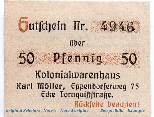 Notgeld Karl Möller Hamburg 2765.315.01 , 50 Pfennig Schein in kfr. von 1919 , Hamburg Verkehrsausgabe