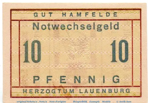 Notgeld Gut Hamfelde Lauenburg 2775.05.01 , 10 Pfennig Schein in kfr. o.D. Niedersachsen Verkehrsausgabe