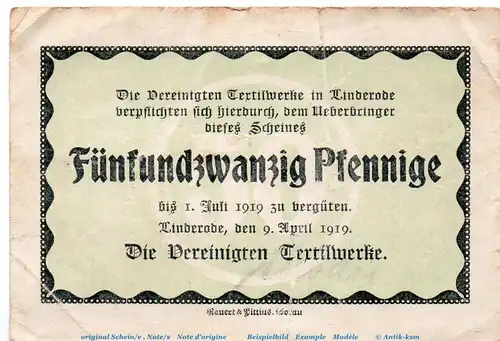 Notgeld Textilwerke Linderode 4120.05.01.F , 25 Pfennig Fehldruck in gbr. von 1919 , Brandenburg Verkehrsausgabe