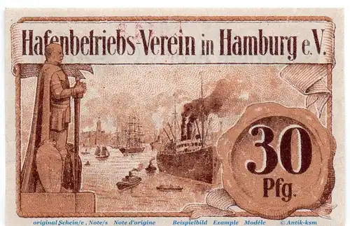 Notgeld Hafenbetriebsverein Hamburg 3765.145.21 , 30 Pfennig Schein in kfr. von 1920 , Hamburg Verkehrsausgabe