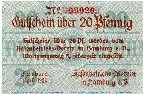 Notgeld Hafenbetriebsverein Hamburg 3765.145.15 , 20 Pfennig Schein in kfr. April 1920 , Hamburg Verkehrsausgabe