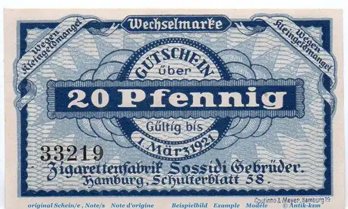 Notgeld Gebr. Sossidi Hamburg 3765.450.01 , 20 Pfennig Schein in kfr. o.D. Hamburg Verkehrsausgabe