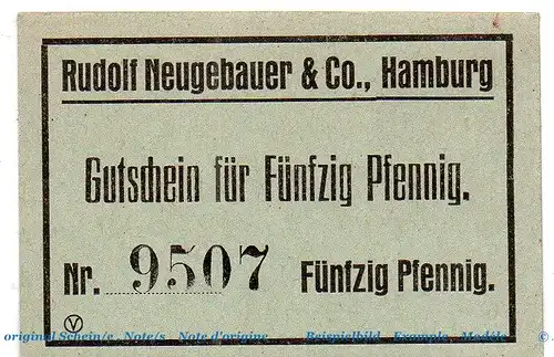 Notgeld R. Neugebauer Hamburg 2765.350.01 , 50 Pfennig Schein in kfr. o.D. Hamburg Verkehrsausgabe