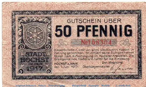 Notgeld Stadt Höchst 3050.10.06 , 50 Pfennig , Wellen 1 Us , in gbr. von 1917 , Hessen Verkehrsausgabe