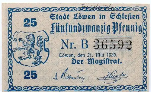 Notgeld Stadt Löwen 4200.05.16.f , 25 Pfennig Fehldruck in kfr. von 1920 , Schlesien Verkehrsausgabe