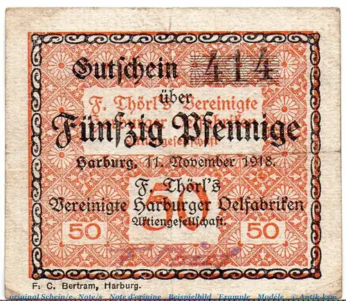 Notgeld Thörls Ölfabriken Harburg 2805.35.02 , 50 Pfennig Schein in gbr. von 1918 , Niedersachsen Verkehrsausgabe