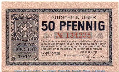 Notgeld Stadt Höchst 3050.10.01 , 50 Pfennig Schein 1 Us. in kfr. von 1917 , Hessen Verkehrsausgabe