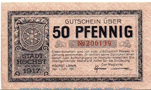 Notgeld Stadt Höchst 3050.10.11 , 50 Pfennig Schein 2 Us. in kfr. von 1917 , Hessen Verkehrsausgabe