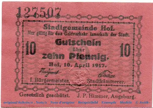 Notgeld Stadt Hof 3065.55.15 , 10 Pfennig Schein in kfr. von 1917 , Bayern Verkehrsausgabe