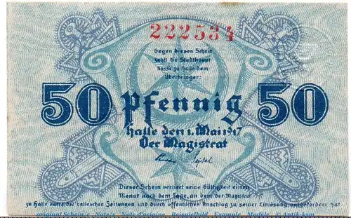 Notgeld Stadt Halle 2740.35.01 , 50 Pfennig Schein in kfr. von 1917 , Provinz Sachsen Verkehrsausgabe