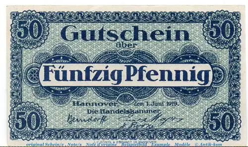 Notgeld Stadt Hannover 2795.30.15 , 50 Pfennig Schein in kfr. von 1919 , Niedersachsen Verkehrsausgabe