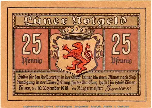 Notgeld Stadt Lünen 4290.10.02 , 25 Pfennig Schein in kfr. von 1918 , Westfalen Verkehrsausgabe