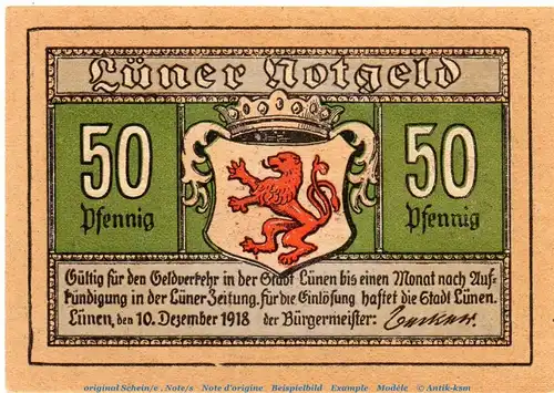 Notgeld Stadt Lünen 4290.10.03 , 50 Pfennig Schein in kfr. von 1918 , Westfalen Verkehrsausgabe