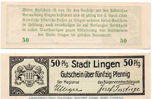 Notgeld Stadt Lingen 4125.05.27 , 50 Pfennig Schein in kfr. o.D. , Niedersachsen Verkehrsausgabe