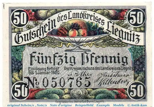 Notgeld Landkreis Liegnitz 4080.20.02 , 50 Pfennig Schein in kfr. o.D. - 1920 , Schlesien Verkehrsausgabe