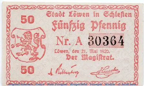Notgeld Stadt Löwen 4200.05.17 , 50 Pfennig Schein in kfr. von 1920 , Schlesien Verkehrsausgabe