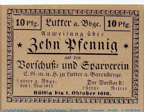 Notgeld Vorschußverein Lutter 4315.05.10 , 10 Pfennig braungrau in kfr. von 1917 , Braunschweig Verkehrsausgabe