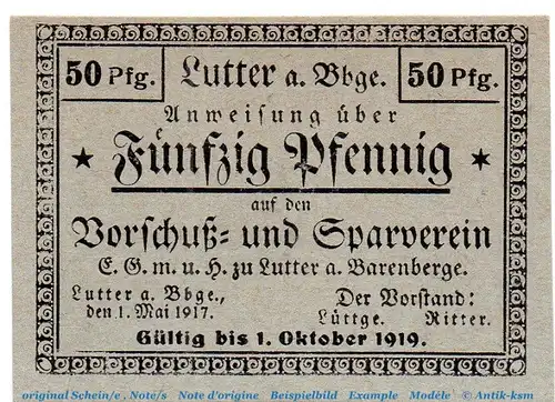Notgeld Vorschußverein Lutter 4315.05.03 , 50 Pfennig Schein in kfr. von 1917 , Braunschweig Verkehrsausgabe