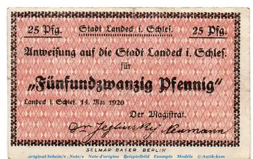 Notgeld Stadt Bad Landeck 3825.15.10 , 25 Pfennig Schein in gbr. 05.1920 , Schlesien Verkehrsausgabe