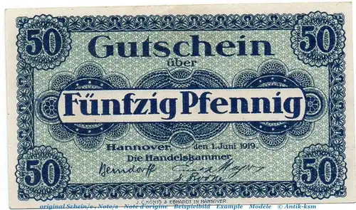 Notgeld Handelskammer Hannover 2795.30.16 , 50 Pfennig Schein in kfr. von 1919 , Niedersachsen Verkehrsausgabe