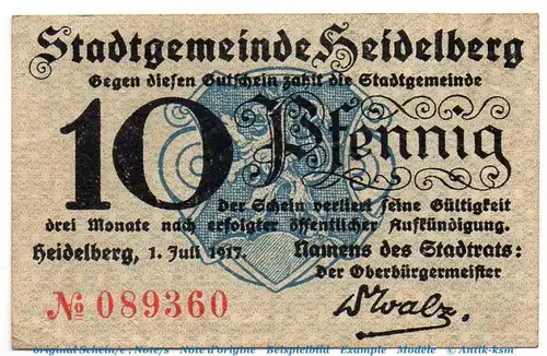 Notgeld Stadt Heidelberg 2855.05.01 , 10 Pfennig Schein in f-kfr. von 1917 , Baden Verkehrsausgabe