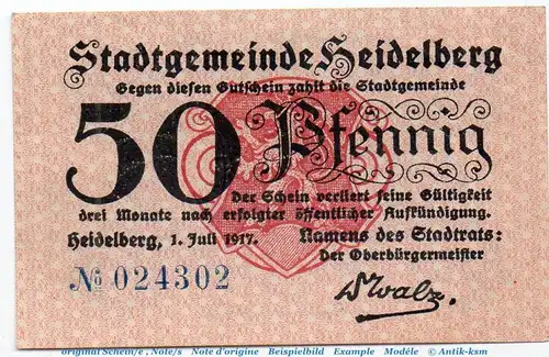 Notgeld Stadt Heidelberg 2855.05.02 , 50 Pfennig Schein in f-kfr. von 1917 , Baden Verkehrsausgabe