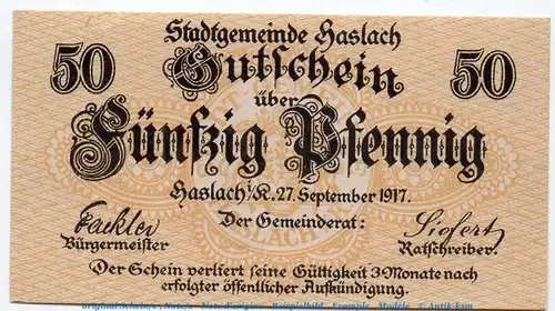 Notgeld Stadtgemeinde Haslach 2820.05.01 , 50 Pfennig Schein in kfr. von 1917 , Baden Verkehrsausgabe