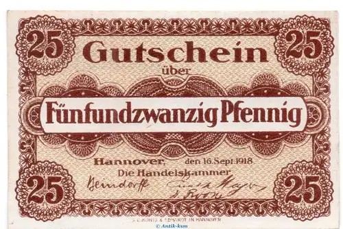 Notgeld Handelskammer Hannover 2795.30.10 , 25 Pfennig Schein in kfr. 16.09.1918 , Niedersachsen Verkehrsausgabe