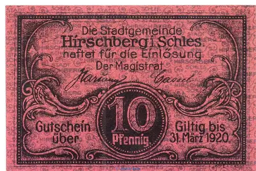 Notgeld Stadt Hirschberg 3045.20.05 , 10 Pfennig Schein in kfr. o.D. Schlesien Verkehrsausgabe